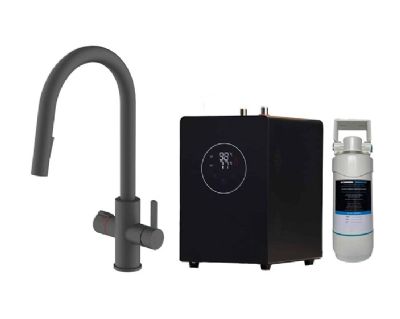 EVO PLATINUM/450 SERIES 4 IN 1 MATT BLACK BOILING WATER MONO DUAL LEVER SWAN NECK PULL-OUT KITCHEN SINK MIXER TAP with SWIVEL SPOUT, BWT454MB EVO PLATINUM/450 SERIES 4 IN 1 MATT BLACK BOILING WATER MONO DUAL LEVER SWAN NECK PULL-OUT KITCHEN SINK MIXER TAP with SWIVEL SPOUT, BWT454MB